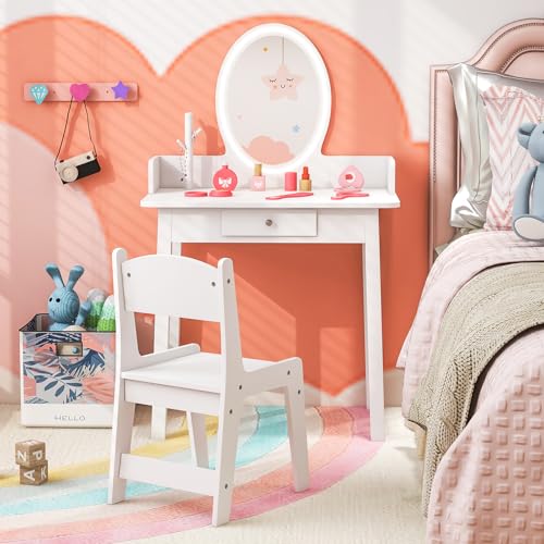 CHEFJOY Kids Vanity, 2 in 1 Princess Dressing Table and Chair Set with Lighted Mirror & Storage Drawer, Wooden Toddler Make Up Desk Set for Little Girls Aged 3-8 Years (White)