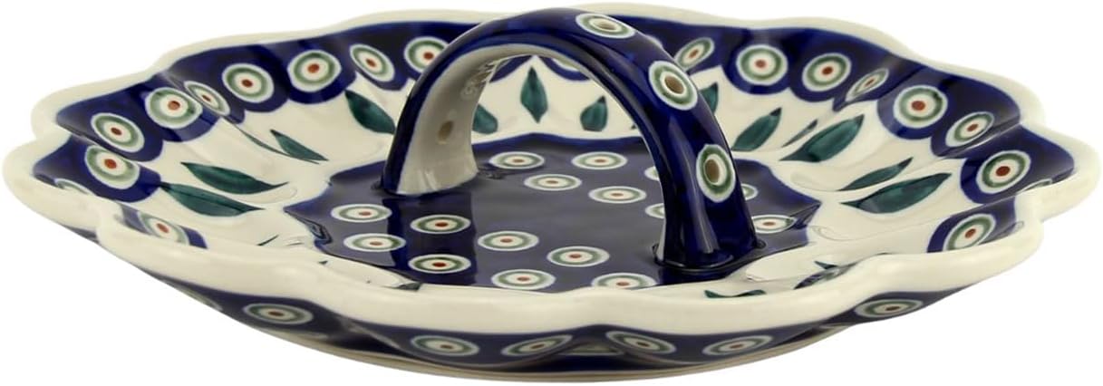 Polish Pottery Market Deviled Egg Platter- Round Deviled Egg Tray – Polish Stoneware Deviled Egg Carrier - Handmade by Zaklady Boleslawiec Poland - Diameter: 9.5" - Peacock