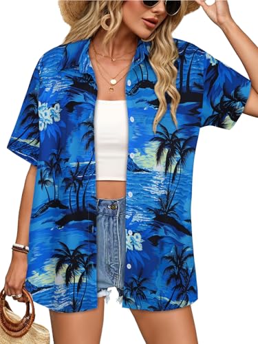 Image of Women Hawaiian Shirt Button Down Summer Tops Beach Short Sleeve Blouse