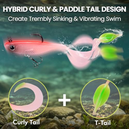 Image of TRUSCEND Duramax TPE Soft Fishing Lures with BKK Hooks, Easy Catch Curly & T-Tail for Trembly Sinking & Vibrating Swim, UV or Glow Effect for All Conditions, Pre-rigged Swimbait for Bass Trout Crappie