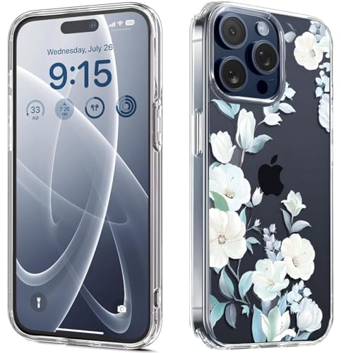 Image of VONZEE Clear Transparent Flower Case for iPhone 15 Pro Max (6.7 Inch) | Shockproof Floral Design Back Cover | PC+TPU Bumper with Full Camera Protection for Girls & Women (Blue)