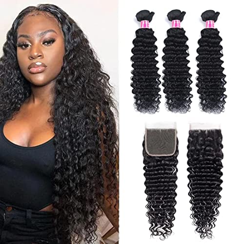 Brazilian Deep Wave Bundles with Closure (16 18 20+14 Free Part,350g) 9A Brazilian Deep Curly Hair Weave Bundles with Closure Brazilian Human Hair Bundles with Closure Natural Color