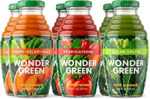 Wonder Green 100% Organic Cold Pressed Juice Variety Pack , 8.45 oz (6 Pack) | 2 Veg8 + Cayenne, 2...