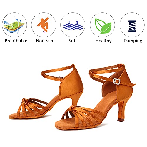 Dkzsyim Women's Satin Latin Dance Shoes Professional Ballroom Salsa Practice Performance Dancing Shoes,217-Brown-7,Us 7 #TOP4