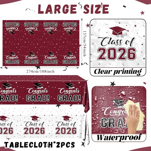 Image of 2026 Graduation Decorations,Congrats Grad Tablecloth 2pcs White Maroon Class of 2026 Table Covers Rectangle for Graduation Party Supplies,108x54inch (Maroon)