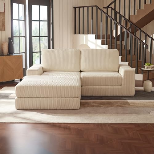 Vorthio Modulares Sofa Couch, 204cm Modernes Bequemes Cord Schlafsofa Mit tiefer Sitzfläche, Boneless Flauschige Ecksofa Für Wohnzimmer, Schlafzimmer, Wohnung, Kein Zusammenbau Erforderlich, Beige