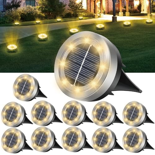 Seruno X 12 LED Luz Solar Exterior Jardin, 12 Paquetes Luces Solares Jardin Suelo,Resistente al agua IP65,8 LED,Adecuado para patios y paisajes de patios,Iluminación vial (Blanco Cálido)