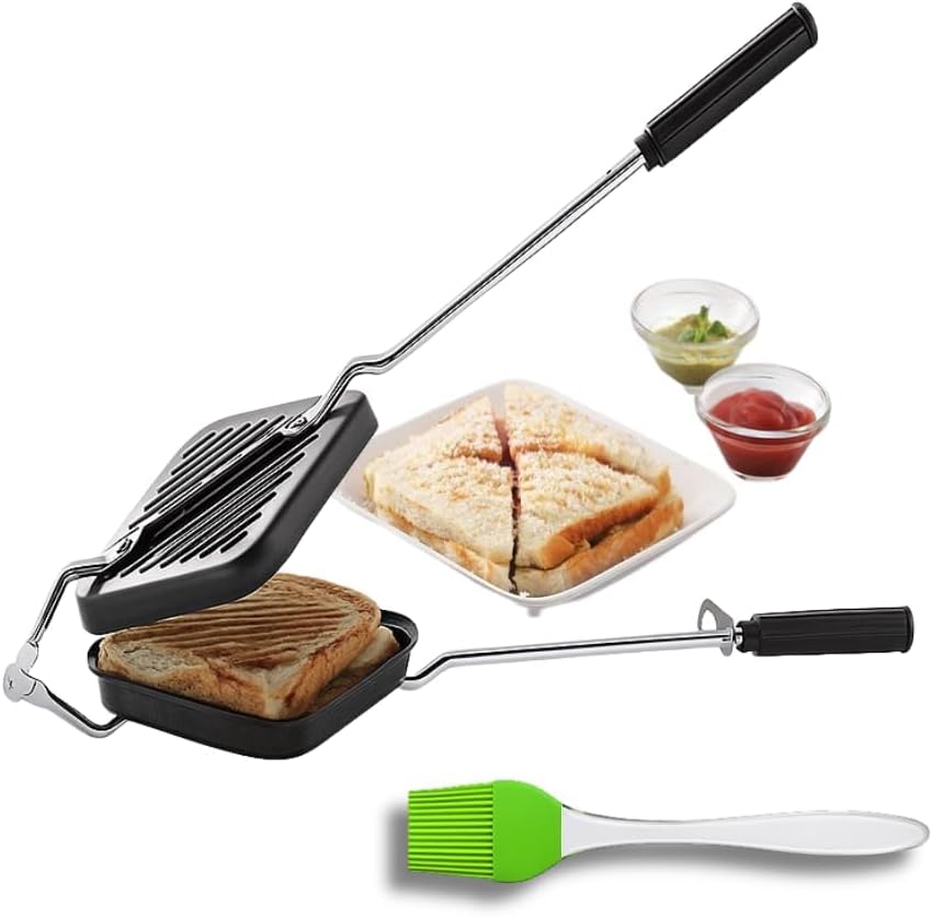 Non-Stick Grill Sandwich Toaster with Nylon Brush | Gas Stove Compatible, Easy to Clean, Ideal for Grilled Sandwiches, Paninis & Tikkas | Durable Aluminium Body (Black)