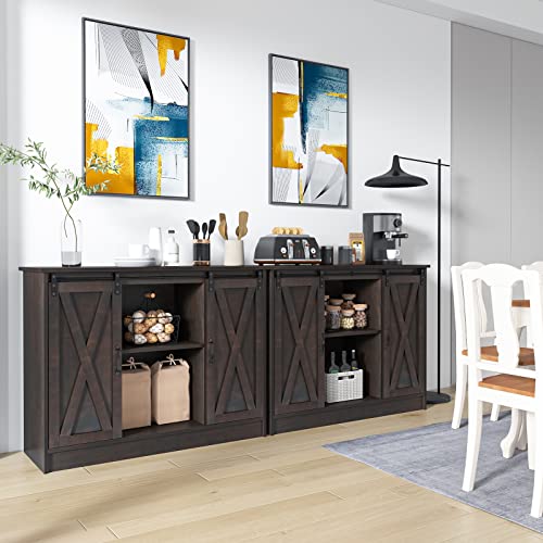 4 Ever Winner Farmhouse Coffee Bar, Wood Coffee Bar Cabinet With Sliding Barn Doors, Adjustable Shelves, Kitchen Buffet Storage Cabinet For Dining Room, Dark Brown #TOP1