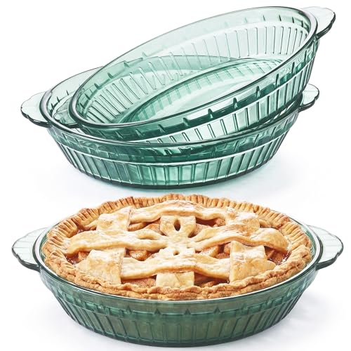 Mifoci 2 Pack Green Glass Pie Dish, 8 Inch Round Deep Plate, Tempered Glass Baking Dish, Non Toxic, Oven and Dishwasher Safe, Ideal for Baking Pies, Quiche and Desserts