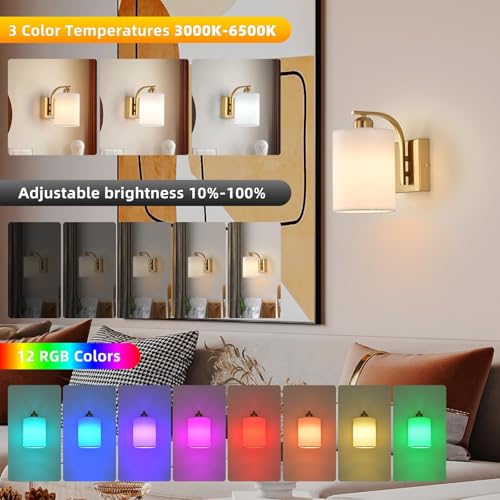 Image of Battery Operated Wall Sconce Set of 2, Gold Rechargeable Fabric Wall Lights with Remote Control,15 Colors Wireless Wall Sconce with 3000mAh Dimmable Detachable Bulb for Bedroom, Living Room, Hallway