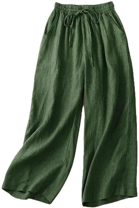 Women's Fashion High Waist Pants Cotton Solid Wide Leg Elastic Waist Ankle-Length Loose Casual Trousers