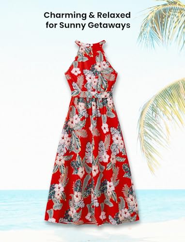 Image of PATPAT Matching Family Hawaiian Outfits - Mommy and Me Floral Dress Couple Matching Set His and Hers Tropical Palm Leaf Print Halter Neck Boho Sundress Summer Beach Dress Red Flower Women XL