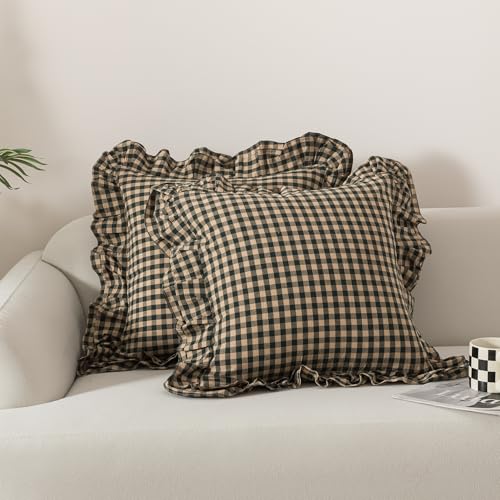 Lemfux Green Gingham Pillow Cover 24x24 Inch, 100% Cotton Double Layer Ruffle Edge Cushion Cover with Hidden Zipper, Farmhouse Decorative Pillow Cover for Sofa Couch Bed
