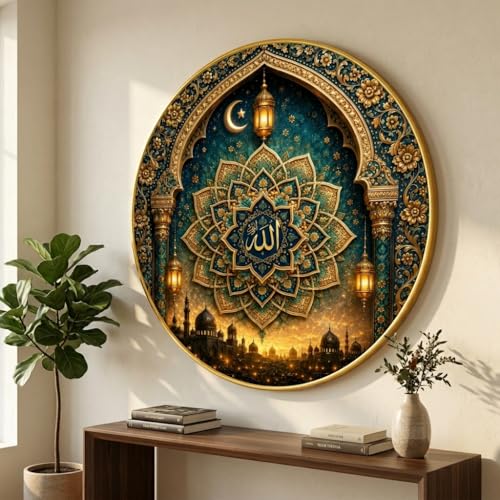 Image of SAF Islamic Allah Mandala Round Wall Painting with Premium PVC Golden Frame, Mosque Arch Moon Lantern Design, Muslim Home Decor for Prayer Room Living Room (12 x 12 Inch) GRS-426