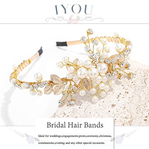 IYOU Flower Girl Headband Pearl Gold Headpiece Crystal Leaf Bridal Wedding Hair Pieces Accessories for Brides and Bridesmaids - Image 2