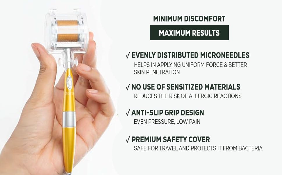Image of Geek Lab Professional Gold Plated 192 Needles Titanium Alloy Derma Roller, Gold, 1mm for Acne Skin & Hair Loss By Stimulating Natural Healing Responses.