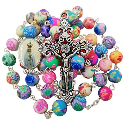 TALISMAN4U CATHOLIC ROSARY NECKLACE Colorful Polymer Beads Our Lady of Fatima Jesus Cross Holy Land Gift Rosary Pouch Cover