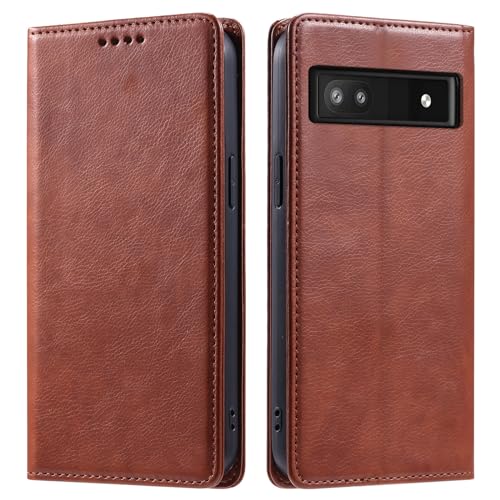 Étui Google Pixel 7A cuir à rabat magnétique, coque de protection antichoc marron