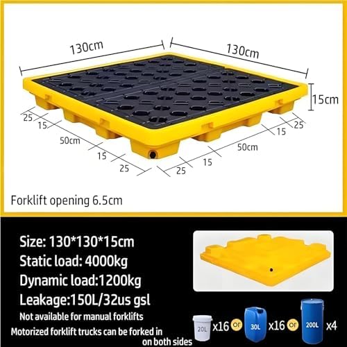 Yellow and Black Spill Containment Pallet - Stackable Polyethylene Spill Control Platform for Oil Drums, 33.5x33.5x5.5cm, Ideal for Warehouses and Factories