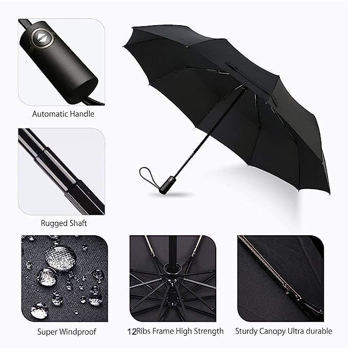 Image of Automatic Open Close Compact Travel Umbrella with Wind Vent Umbrella big size Lightweight Windproof Folding for men Women (Black.1)