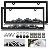 NJNYLLC Mountain License Plate Frames - Plastic Car Tag Holders with Raised Mountain Design, Gray on Black, 2 Pack 2 Hole with Screws & Caps, Mountain Vinyl Sticker Included