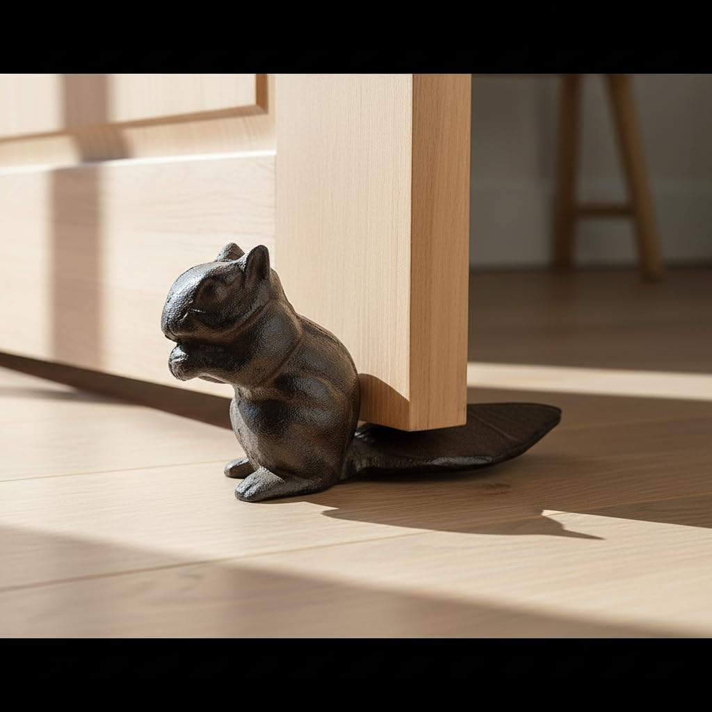 Comfy Hour Heavy Duty Cast Iron Squirrel Door Stopper, Decorative Rustic Animal Door Stop for Bottom of Door, Vintage Brown Door Wedge for Home Office Garden, Lodge Style Cabin Decor