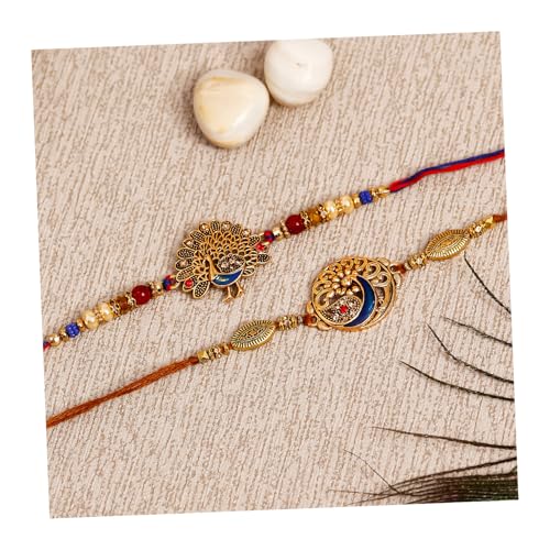 Image of eCraftIndia Set of 2 Kundan Beads Beautiful Peacock Designer Rakhis with Roli Chawal Pack