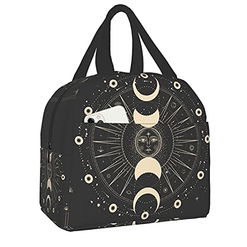 Lunchtasche, Motiv: Mond, mystische Sonne, Astrologie, Tarot-, Gothic-, Thermo-, Lunchbox, Kühltasche für Erwachsene, Kinder, Mädchen, Jungen, Arbeit, Büro, Schule, Picknick, Strand, wiederverwendbare