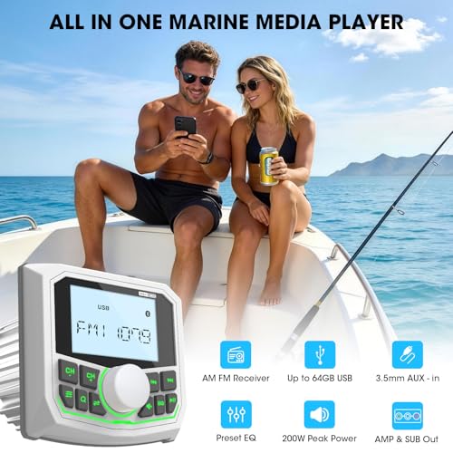 Image of Marine Boat Radio Bluetooth Receiver - Gauge Style Marine Stereo Media System - 2.8 Inch LCD Display AUX USB AM FM Pre-Amp Subwoofer for UTV ATV RZR Golf Cart Spa Hot
