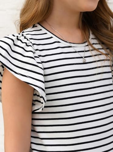 Image of Girls Striped Shirts Ruffle Sleeve Cute Top Crew Neck Casual Summer Tees White 11-12Y
