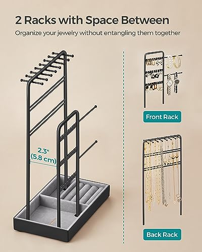 Image of SONGMICS Necklace Holder, Jewelry Stand Holder Organizer, Jewelry Display with Metal Frame, Velvet Tray,Earring Bracelet Holder, for Gift Idea, 4.5 x 7.7 x 12.1 inch, Ink Black UJJS021B01