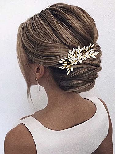 Yean Bride Leaf Wedding Hair Comb Rhinestone Bridal Hair Piece Pearl Hair Accessories For Women And Girls (Gold) #TOP4