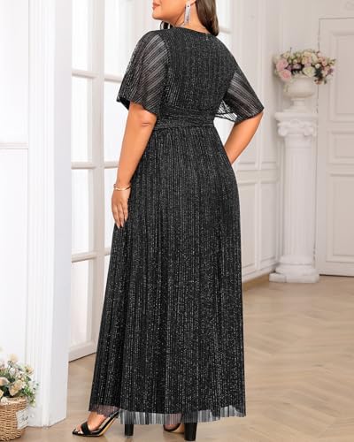 Image of Pinup Fashion Plus Size Formal Evening Glitter Prom Wedding Guest Dress | Silver thread straight knit, v-neck, empire waist, back zipper, a-line, maxi long, perfect for evening party, wedding guest