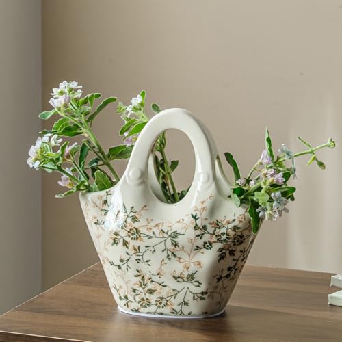 Ceramic Purse Vase 9”, Vintage Green & Beige Floral Handbag