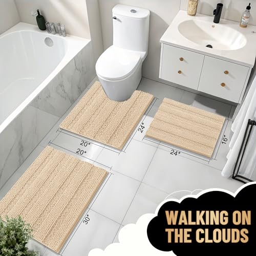 Image of OLANLY Thick Large Bathroom Rugs 47x32, Extra Soft Absorbent Chenille Striped Bath Rugs, Rubber Backing, Machine Wash Dry, Bath Mats for Bathroom Floor, Tub and Shower, Home Decor Accessories, Beige