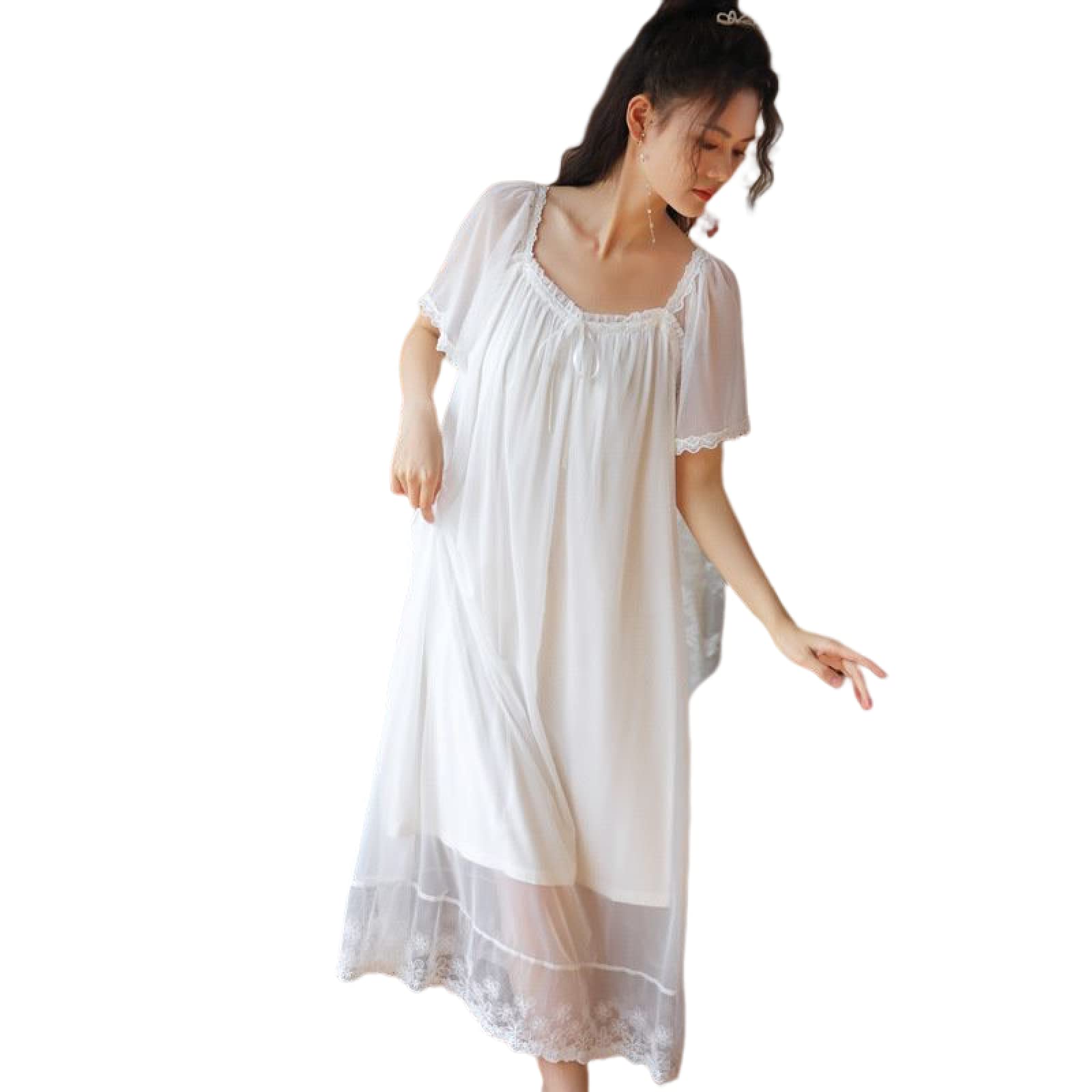 OFFSUM Camisón De Pijama De Mujer - Verano Estilo Princesa Cuello Cuadrado Camisón Encaje Malla Bowknot Manga Corta Camisón Elegante Casual Loungewear Vestido