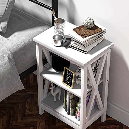 Vecelo Nightstand Sofa Side Table With 3-Tier Storage Shelf For Living Room, Bedroom, Stable Steel Frame, Easy Assembly, End 2 Set, White #TOP4