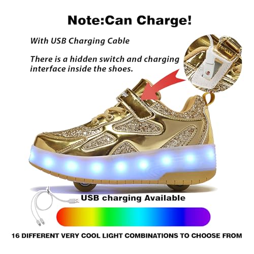 HOVERKICKES Kids Rechargeable LED Flashing Roller Skate Shoes Sneakers for Unisex, Gold-1 by HOVERKICKES - Used condition - Image 2