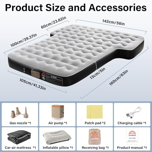 Image of Coverado SUV Air Mattress, Thickened Flocked-Top Car Air Mattress with Wireless Built-in Pump, Pillows, Patch Kit & Carry Bag, Quick&Easy Set Up, SUV Mattress Camping Bed Universal fit for Most Cars