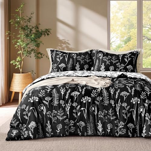 Joiedomi King Size Comforter Set Black, 3 Pieces Floral King Bedding Set with 1 Soft Reversible Botanical Comforter and 2 Pillow Shams, Bed in a Bag for All Seasons