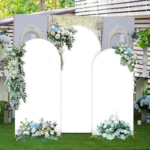 Image of Wedding Arch Backdrop Stand and Cover Set of 6, Backdrop Arch Cover Set | 7.2FT /6.6FT /5.9FT Metal Arch Stand With White Spandex Cover for Wedding Baby Shower Graduation Event Birthday Backdrop