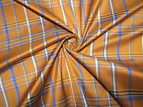 Tissu 100 % soie Dupion moutarde carreaux bleus largeur 137 cm au mètre