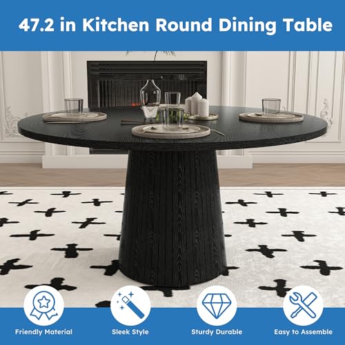 Image of Modern Round Dining Table, 47 inch Black Round Kitchen Table with Wood Grain Tabletop & Fluted Strip Base, Space Saving Circle Dining Table Seats 4-6, Ideal for Dining Room, Living Room, Small Space
