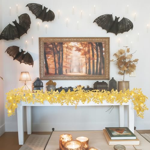 Image of Neutral Fall Garland for Mantle Fireplace - 2 Pack 6Ft Plum Cimicifuga Seeded Leaf Garlands Yellow Autumn Decor Table Decorations for Home Indoor Door Halloween Realistic Leaves Garlands Outdoor