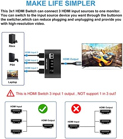 HDMI 2.1 Switch, 8K HDMI Switch 3X1 4K 120HZ, HDMI Switcher 3 in 1 Out 3 Port HDMI Selector with 1.2M Cable Supports 8K 60HZ 48Gbps VRR HDCP 2.3 HDR10 D-olby vision for HDTV,PS5,Xbox,Fire Stick,SkYQ