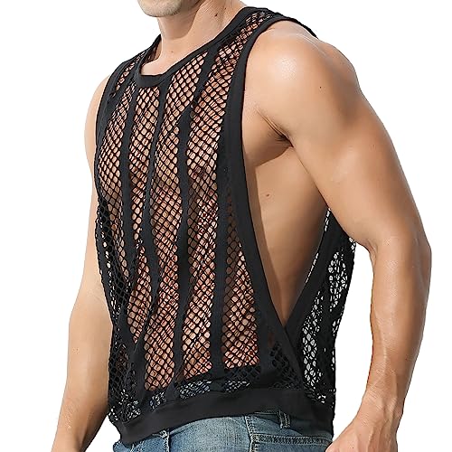 Evankin Mens Sexy Stripe Fishnet Tank Top See Through Mesh Sleeveless Tank Shirt Hollow Out Sheer Undershirts