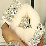 EVTECH(TM) White Fur and Fox Head metal material series 3D Handmade Crystal Rhinestone PU Leather Wallet Type Magnet Design Flip Case (100% Handcrafted) (Samsung Galaxy Note 4 SM-N910S)