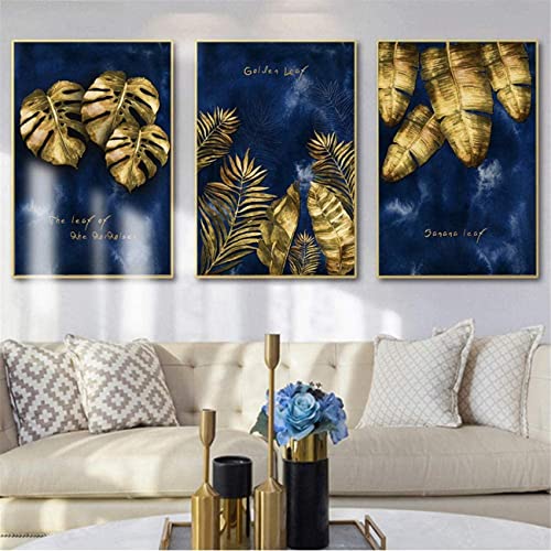 Canvas Picture 3 Pieces Picture Set Nordic Luxury Navy Blue Gold Abstract Leaves Vein Texture Canvas Print Decorative Painting For Living Room Home Decor With Inner Frame #TOP1
