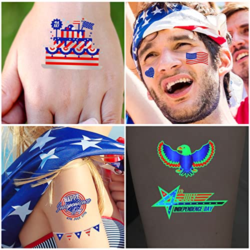 Sixberry Glow In The Dark 4Th Of July Temporary Tattoos For Kids Adults, 181Pcs Metallic Silver Red White And Blue Usa Flag Tattoo Stickers For Patriotic Independence Day Party Decorations Favors #TOP5